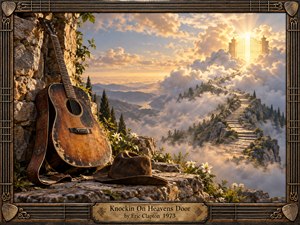A weathered acoustic guitar and hat rest beside a rugged mountain path rising through luminous clouds toward radiant golden gates. Warm sunset light bathes rocky cliffs, distant valleys, evergreens, and white flowers in amber hues. A richly detailed guitar-string and bronze frame completes the nostalgic, contemplative, photorealistic composition.