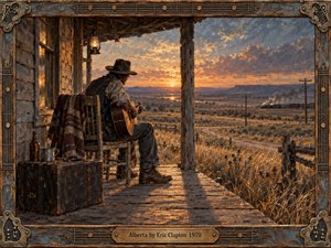 A solitary guitarist sits on a weathered wooden porch overlooking a vast prairie at sunset, surrounded by dry grasses, telegraph poles, a distant train, and winding road. Warm amber light contrasts with cool blue-gray shadows, while textured painterly surfaces, worn luggage, lantern glow, and an ornate musical frame create a nostalgic, reflective blues atmosphere.