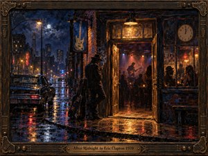 A rain-soaked midnight street leads to a glowing blues club, where a lone figure with a guitar case lingers outside as a guitarist performs within. Deep indigo, amber, and rust reflections shimmer across wet pavement. Rendered like a richly textured oil painting, the scene feels smoky, intimate, restless, and warmly alive.