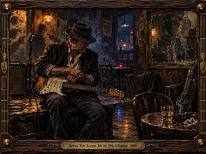 A weary guitarist sits alone in a dim, timeworn blues club, his instrument resting across his lap beneath amber lamps and cool midnight-blue shadows. A cracked mirror, whiskey glass, drifting smoke, vintage microphone, and scarred floorboards deepen the mood of reflection and accusation, rendered in richly textured, painterly oil tones.