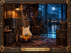 A weathered sunburst electric guitar rests against a vintage amplifier in a warmly lit blues room, framed by worn wood, brass, strings, and musical hardware. Amber lamplight contrasts with cool blue moonlight beyond rain-streaked windows, creating a smoky, reflective mood enriched by rugs, cases, photographs, and aged handcrafted textures.