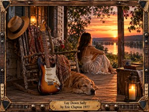 A barefoot woman rests on a weathered porch overlooking a glowing river at sunset, surrounded by a vintage guitar, rocking chair, sleeping dog, lanterns, books, and flowers. Warm amber light, rustic wood textures, and nostalgic detail create an intimate 1970s atmosphere, framed by guitar-inspired metalwork and a brass title plate.