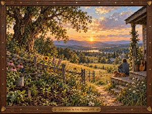 A tranquil countryside garden glows beneath a golden sunset, with wildflowers, vegetables, weathered fences, and an ancient tree framing a distant valley. A seated figure and loyal dog quietly overlook shimmering water and layered hills. Warm amber, green, and blue tones, textured brushwork, and rustic framing create a reflective, hopeful atmosphere.