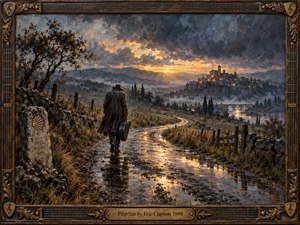 A solitary traveler carrying a guitar case follows a rain-slicked country road toward a distant hilltop town glowing beneath storm-darkened skies. Moody blue-grays and earthy browns contrast with warm golden sunset reflections. Rich impasto textures, misty valleys, stone walls, a pilgrim marker, and an ornate musical frame deepen the contemplative, searching atmosphere.