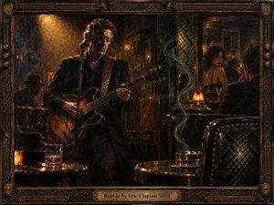 A seasoned guitarist performs in a shadowy blues club, surrounded by amber lamps, smoky air, dark wood, and green reptilian textures. The moody oil-painted scene balances intimate performance with subtle tension, mirrored glances, whiskey glass reflections, and curling smoke. An ornate brass-and-wood frame completes the richly atmospheric composition.