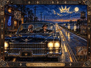 Two seasoned blues musicians ride a gleaming vintage convertible along a moonlit Southern highway, guitars in hand, surrounded by deep indigo skies, golden reflections, and glowing headlights. Thick painterly textures, weathered roadside details, and an ornate guitar-inspired frame create a soulful, cinematic mood of musical legacy, freedom, and companionship.