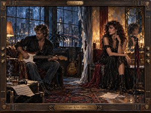 A brooding guitarist and glamorous singer sit apart in a rain-soaked 1980s loft, their emotional distance emphasized by a torn divider, fractured reflections, and trailing cables. Cool city blues contrast with warm amber light, while richly textured oil-like brushwork, scattered music sheets, instruments, and an ornate bronze-and-wood frame deepen the tense, melancholic atmosphere.