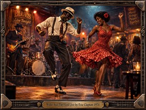 A jubilant couple dances energetically in a smoky vintage blues club, framed by musicians, glowing lamps, and a lively crowd. Warm amber, crimson, and teal lighting heightens the celebratory mood. Richly textured, cinematic realism captures polished shoes, swirling fabric, worn wood, brass details, and a guitar-inspired decorative frame.