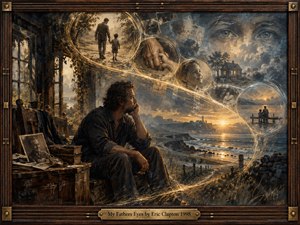 A contemplative man sits in a weathered coastal room, gazing into a glowing S-curve of memories where a father, child, watchful eyes, and tender hands drift through luminous bubbles. Warm gold and smoky blue light bathe the scene, rendered in richly textured mixed-media style, within an ornate, guitar-inspired frame.