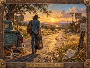 A lone musician walks a winding country road at golden hour, carrying a weathered guitar case toward distant hills and glowing water. Warm amber light, dusty blues, rusted metal, tall grasses, drifting leaves, an old truck, and a resting dog create a relaxed, windswept mood in richly textured painterly style.