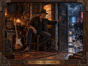 A weathered bluesman sits beside his loyal dog in a warm, cluttered music room, calmly blocking an open doorway to a stormy neon street. Amber lantern light contrasts with cold blue rain, while guitars, signs, worn wood, and brass details deepen the mood. Rich painterly textures and an ornate handcrafted frame suggest resilience and hard-won resolve.