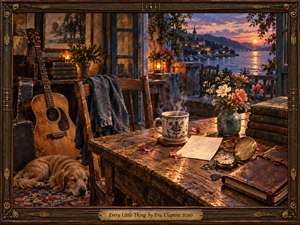 A warmly lit cottage interior overlooks a tranquil coastal village at sunset, where amber reflections shimmer across the water. A weathered guitar, sleeping dog, steaming patterned mug, flowers, books, pocket watch, and leather journal create an intimate still life. Rich wood textures, brass details, and painterly twilight colors evoke nostalgia, comfort, and quiet reflection.