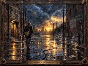 A lone guitarist walks through a rain-soaked industrial street toward a glowing horizon, surrounded by cracked pavement, weathered brick, tangled wires, and drifting papers. Deep blues and charcoal tones contrast with warm amber reflections and breaking sunlight. Painterly textures, dramatic clouds, and a dark handcrafted musical frame create a mood of struggle, change, and renewal.