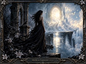 A solitary woman in a flowing black gown stands among ruined Gothic arches, facing a luminous stairway rising through clouds toward a radiant portal. Cool blue-gray shadows contrast with warm celestial light, while lilies, ravens, broken piano keys, mist, and reflective water create a haunting, cinematic atmosphere of loss and transcendence.