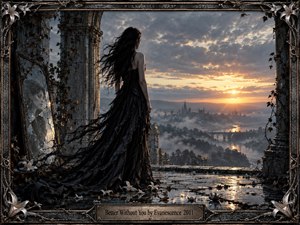 A solitary woman in a torn black gown stands within a ruined gothic arch, facing a misty valley beneath storm clouds and a glowing sunrise. A cracked mirror reflects a fading former self, while lilies, ivy, wet stone, and ornate metalwork deepen the cinematic mood of release, resilience, and transformation.