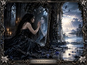 A dark-haired woman in a flowing black gown reaches toward her pale reflection in a cracked mirror inside ruined gothic architecture. Cold blue-gray shadows contrast with warm candlelight and radiant sunlight beyond. Wet stone, scattered violet flowers, ravens, misty water, and ornate metallic framing create a dramatic, melancholic, cinematic fantasy atmosphere.