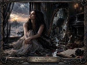 A solitary dark-haired woman sits beside a stormy window in a decaying gothic room, surrounded by a shattered mirror, wilted roses, books, candles, an hourglass, and an old piano. Cold blue-gray shadows contrast with warm sunset light, creating a cinematic, melancholic atmosphere framed by ornate black metalwork.