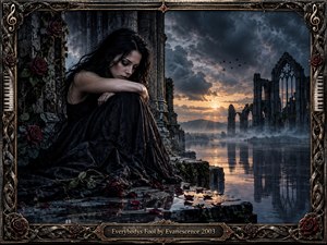 A solitary dark-haired woman in a flowing black dress rests among ivy-covered cathedral ruins beside still reflective water. Storm clouds part around a glowing sunset, casting warm gold against cool blue-gray stone. Roses, scattered petals, distant birds, and ornate Gothic framing create a somber, dramatic, cinematic atmosphere.