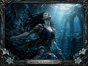 A pale woman drifts underwater in a torn black gown, surrounded by bubbles, flowing hair, and submerged Gothic ruins. Cold blue-green light streams from above, creating a haunting, cinematic atmosphere. Ornate metallic framing, lilies, musical motifs, and weathered textures reinforce the dark romantic, dramatic, and introspective visual style.