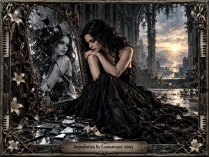 A dark-haired woman in a flowing black gown sits beside a shattered ornate mirror within ruined Gothic architecture. Broken reflections, white lilies, and scattered glass create a mournful atmosphere, while warm sunrise light over distant mountains suggests hope. Intricate metallic framing, piano keys, and musical ornamentation reinforce the dramatic cinematic style.