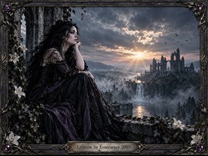A dark-haired woman in a flowing black gown sits among ivy-covered Gothic ruins, overlooking a misty valley, waterfall, and distant ruined abbey. Storm clouds part around a warm sunset, casting golden light across cool gray, black, and violet tones. Ornate lilies, metalwork, musical symbols, and purple gems frame the cinematic scene.