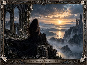 A solitary woman in a flowing black gown overlooks a vast misty valley from crumbling Gothic ruins. Golden sunset light breaks through storm clouds, illuminating distant waterfalls, mountains, and cathedral towers. White lilies soften the dark stonework, while an ornate metallic frame and engraved title plate deepen the melancholic, cinematic atmosphere.