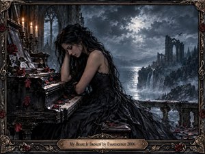 A grieving dark-haired woman rests beside a weathered piano in a ruined gothic sanctuary overlooking moonlit cliffs and waterfalls. Cool blue-gray tones, storm clouds, candles, crimson roses, and ornate metalwork create a dramatic, melancholic atmosphere. Cinematic realism and intricate framing emphasize loneliness, fragility, memory, and emotional collapse.