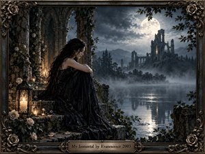 A solitary woman in a flowing black dress sits among ivy-covered stone ruins beside a misty moonlit lake. Gothic arches, candles, pale roses, and a distant ruined abbey create a mournful, haunted atmosphere. Blue-gray light, warm flames, reflective water, and ornate metal framing give the scene cinematic romantic detail.