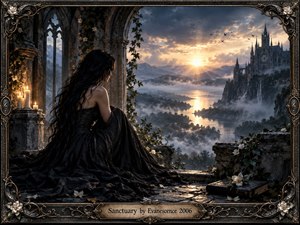 A solitary woman in a flowing black gown overlooks a misty river valley from a ruined Gothic sanctuary. Golden sunrise breaks through storm clouds toward a distant cathedral, balancing darkness with hope. Candles, ivy, white flowers, carved stone, and ornate metal framing create a cinematic, melancholic, luminous atmosphere.