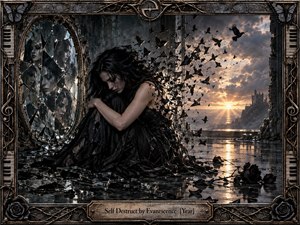 A sorrowful woman in black curls inward beside a shattered mirror as her form dissolves into dark fragments and birds. Broken glass, black roses, wet stone, and ruined architecture surround her beneath a stormy sunset. Gothic cinematic realism, muted charcoal tones, amber light, and ornate musical framing create tense, haunting beauty.