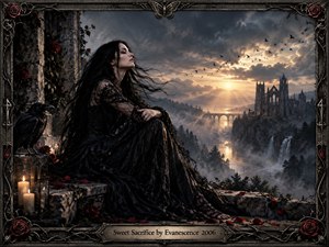 A dark-haired woman in a flowing black lace gown rests on a ruined stone terrace beside a raven, candles, roses, and ivy. Beyond her, misty cliffs, waterfalls, a bridge, and a distant gothic cathedral glow beneath storm clouds and golden sunset light. Ornate ironwork frames the cinematic, melancholic scene.