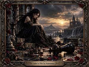 A dark-haired woman in a torn black gown sits among shattered chess pieces and a fallen crown on a rain-slick stone board. Gothic ruins, distant mountains, waterfalls, and storm clouds surround the scene, while warm sunset light cuts through the darkness. Ornate bronze framing and roses deepen the dramatic, cinematic mood.