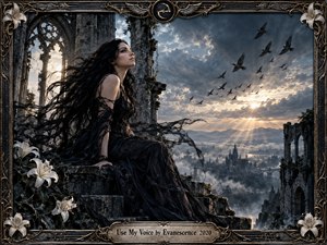 A pale dark haired woman in a flowing black gown sits among ruined gothic arches above a mist filled city at sunrise. Birds cross a dramatic sky as golden rays break through blue gray clouds. Ornate metal framing with lilies and a title plate enhances the solemn, defiant, cinematic fantasy mood.