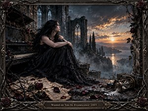A solitary woman in a flowing black gown sits beside a decaying piano within ruined Gothic architecture, surrounded by roses, scattered music, and a fallen hourglass. Cool gray mist contrasts with a glowing sunset over distant water, creating a somber, reflective mood in richly detailed cinematic fantasy realism.