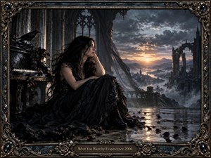 A dark-haired woman in a flowing black gown sits inside a ruined Gothic cathedral beside an old piano and raven, overlooking misty mountains and a glowing sunset. Cool charcoal tones contrast with warm horizon light, while scattered roses, reflective stone, ornate architecture, and a richly detailed metallic frame create a dramatic cinematic atmosphere.