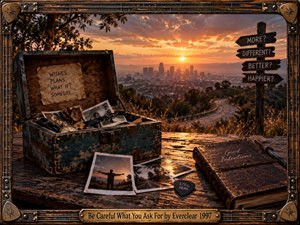 A weathered keepsake box, scattered photographs, journal, and guitar pick overlook a glowing city at sunset, creating a reflective, bittersweet mood. Warm amber light contrasts with deep browns, teal, and black. The cinematic photographic style, winding road, questioning signpost, and rugged guitar-inspired frame suggest memory, uncertainty, and consequences.
