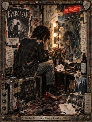 A solitary grunge-era figure sits before a cracked backstage mirror surrounded by torn posters, wilted roses, scattered cosmetics, cables, and a discarded red shoe. Harsh vanity bulbs cut through smoky browns, rust, black, and faded cream, creating a raw, claustrophobic mood. Detailed mixed-media realism emphasizes exhaustion, isolation, and emotional damage.