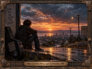 A solitary young man sits beside a worn guitar case on a rain-slick overlook, facing a glowing city beneath turbulent sunset clouds. Warm orange light cuts through deep blue-gray skies, creating a reflective yet hopeful mood. Realistic digital painting, weathered textures, streetlights, musical details, and an ornate guitar-inspired frame enrich the scene.