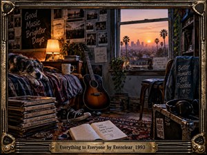 A warmly lit, cluttered bedroom studio frames a guitar, resting dog, scattered records, shoes, photographs, notes, and plants against a glowing city sunset. Amber lamplight and cool dusk tones create nostalgic tension, while cinematic realism, layered personal objects, and the ornate guitar-inspired frame suggest youthful pressure, reflection, and restless hope.