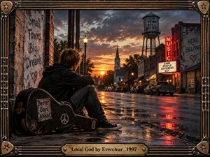 A solitary young musician sits beside a battered guitar case on a rain-slick small-town street at sunset. Warm orange light contrasts with dark storm clouds, glowing storefronts, neon signs, and reflective pavement. The cinematic photoreal style, weathered frame, church steeple, graffiti, and water tower create a nostalgic, restless mood.