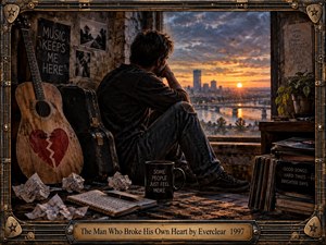 A solitary man sits beside a worn acoustic guitar in a dim urban room, staring toward a fiery sunset beyond the window. Warm orange light contrasts with deep brown shadows, creating a reflective, melancholy mood. Records, handwritten pages, weathered walls, and a metal music-themed frame reinforce the cinematic realism and emotional isolation.