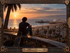 A solitary young man overlooks Santa Monica at sunset, framed by palm trees, ocean haze, and the glowing pier. Warm amber light contrasts with deep shadows, creating a nostalgic, restless mood. The cinematic photographic style emphasizes weathered textures, a skateboard, distant traffic, and a guitar-inspired decorative frame.