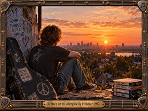 A solitary young musician sits above a sprawling city at sunset, framed by a worn guitar case, stacked tapes, and weathered urban walls. Warm orange light floods the skyline, creating a reflective, bittersweet mood. The detailed cinematic composition blends 1990s alternative-rock nostalgia with symbols of endurance, memory, and fading optimism.