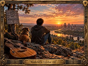 A young man and his dog sit on a rocky overlook above a glowing city and river at sunset, surrounded by warm orange light, autumn trees, and distant bridges. A weathered guitar, backpack, handwritten sign, ornate metal frame, and engraved title plate reinforce a nostalgic, reflective, cinematic mood.