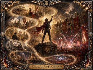 A triumphant figure stands atop a weathered stone pedestal, raising a fist as ancient arenas, medieval battles, industrial streets, and a modern concert swirl around him in luminous memory-like curves. Rich crimson, antique gold, charcoal, and amber lighting create an epic oil-painted atmosphere, framed by ornate musical metalwork and engraved title plate.
