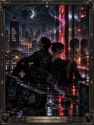Two young lovers sit back-to-back on a rain-soaked rooftop overlooking a glowing midnight city. Crimson neon, silver moonlight, and swirling violet light illuminate their quiet isolation. Reflections shimmer across wet pavement, scattered photographs, and a weathered guitar case. Detailed cinematic digital art sits within an ornate metallic musical frame.