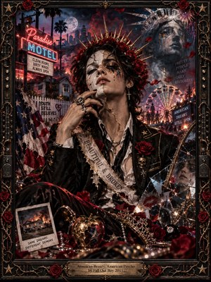 A glamorous, rebellious figure with cracked porcelain skin and a thorned rose crown dominates a surreal American nightlife scene. Neon motel signs, carnival lights, shattered mirrors, and faded flags evoke fractured dreams. Crimson, gold, and midnight blue illuminate this dramatic digital composition, enclosed within an ornate gothic frame.