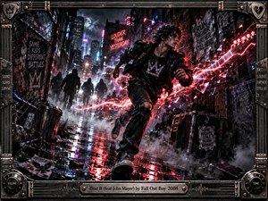 A defiant young runner charges through a rain-soaked city alley, pursued by shadowy figures beneath a stormy skyline. Crimson guitar-shaped light streaks slash across wet pavement, mixing with icy blue neon, graffiti, and drifting steam. Cinematic digital artwork captures urgent motion within an intricate, guitar-inspired metal frame and engraved title plate.