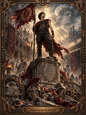 A defiant young champion holds a crimson banner atop shattered ancient ruins, surrounded by fallen statues, helmets, and broken clockwork. Golden storm light pierces smoky clouds above a monumental arena blending Roman grandeur with modern spectacle. Ornate bronze framing and engraved details enhance the cinematic digital artworks triumphant, timeless atmosphere.