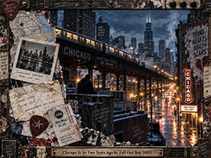 A solitary figure overlooks rainy Chicago streets beneath glowing elevated trains and a stormy skyline. Torn photographs, transit tickets, handwritten notes, and distressed posters create a nostalgic mixed-media collage. Cold blue shadows contrast with amber streetlights, while a weathered metal frame reinforces the artworks restless, bittersweet atmosphere of heartbreak and memory.